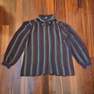 Vintage 80s Striped Long Sleeve Sheer Blouse Lightweight Secretary Geek Casual